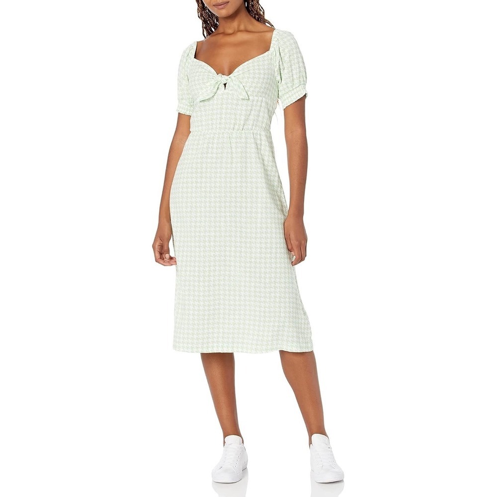 ROXY Green Houndstooth Tie Front Puff Sleeve Smocked Midi Dress Womens‎ XS